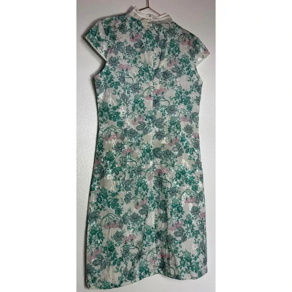 Traditional Chinese Beaded Flower Lace Mesh Embroidery Cheongsam Dress Green XL - Picture 3 of 15